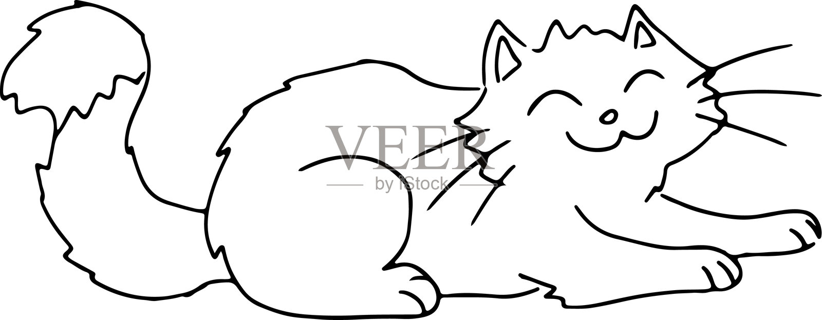 快乐的毛茸茸微笑的猫咪，尾巴蓬松，趴在肚子上，四肢伸展，手绘黑色曲线。插画图片素材