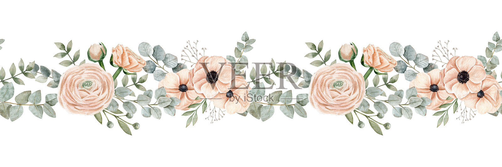 水彩无缝边框，包含不同的树枝，野性颜色，洋牡丹和毛茛花在桃粉色背景上。插画图片素材