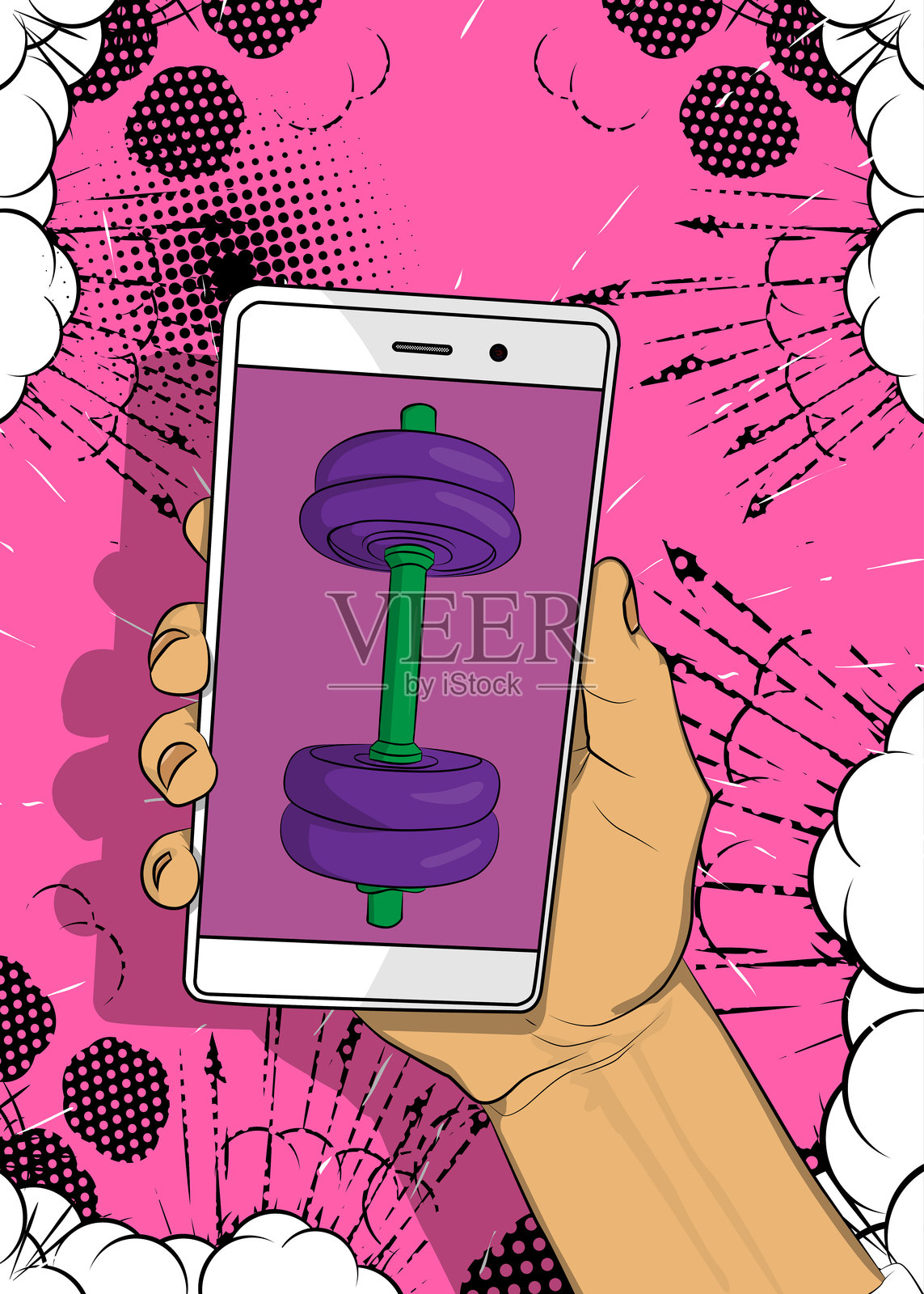 卡通智能手机，漫画书电话与哑铃。复古矢量漫画流行艺术设计。插画图片素材