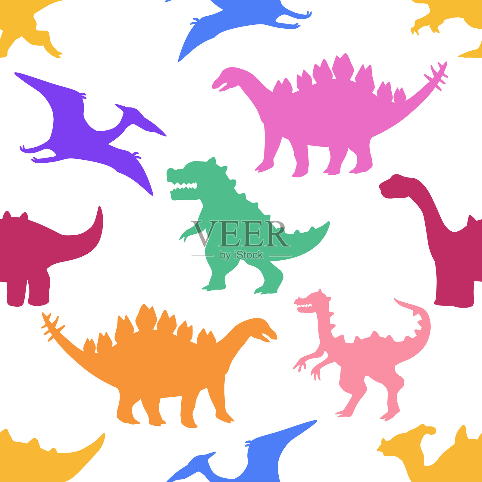 恐龙彩色剪影矢量卡通无缝图案，背景为白色。插画图片素材