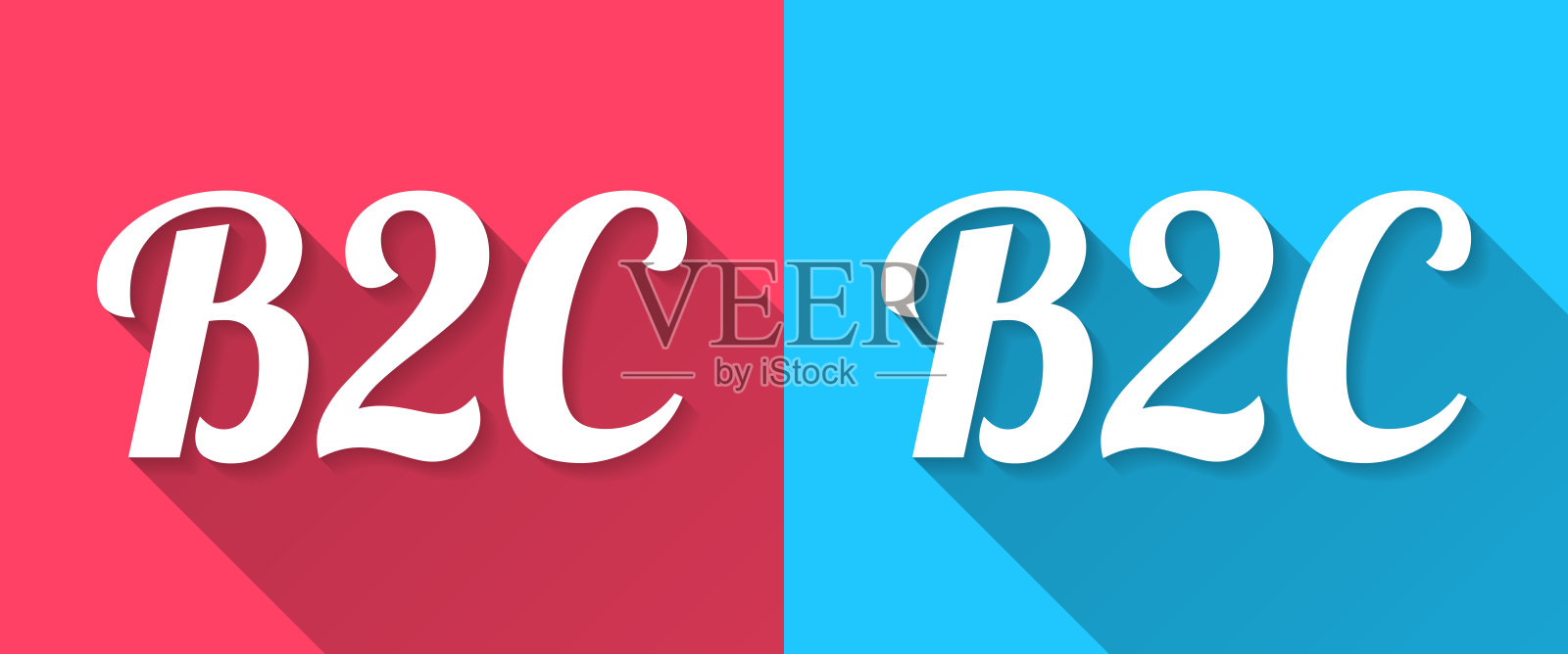 B2C - 企业对消费者 - 扁平设计，带长阴影，背景为蓝色和红色插画图片素材