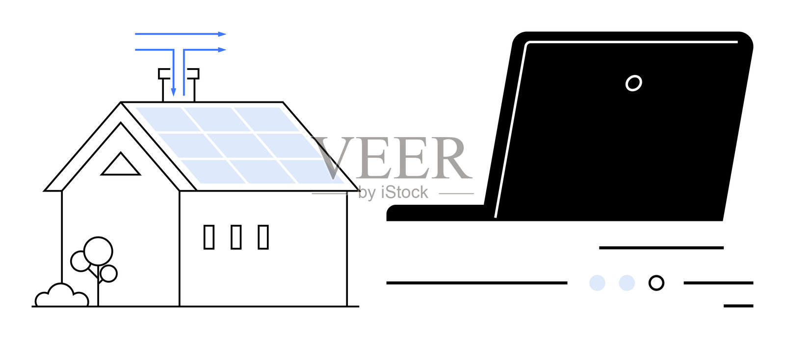 智能家居连接，配备太阳能面板集成和通过笔记本电脑远程监控插画图片素材