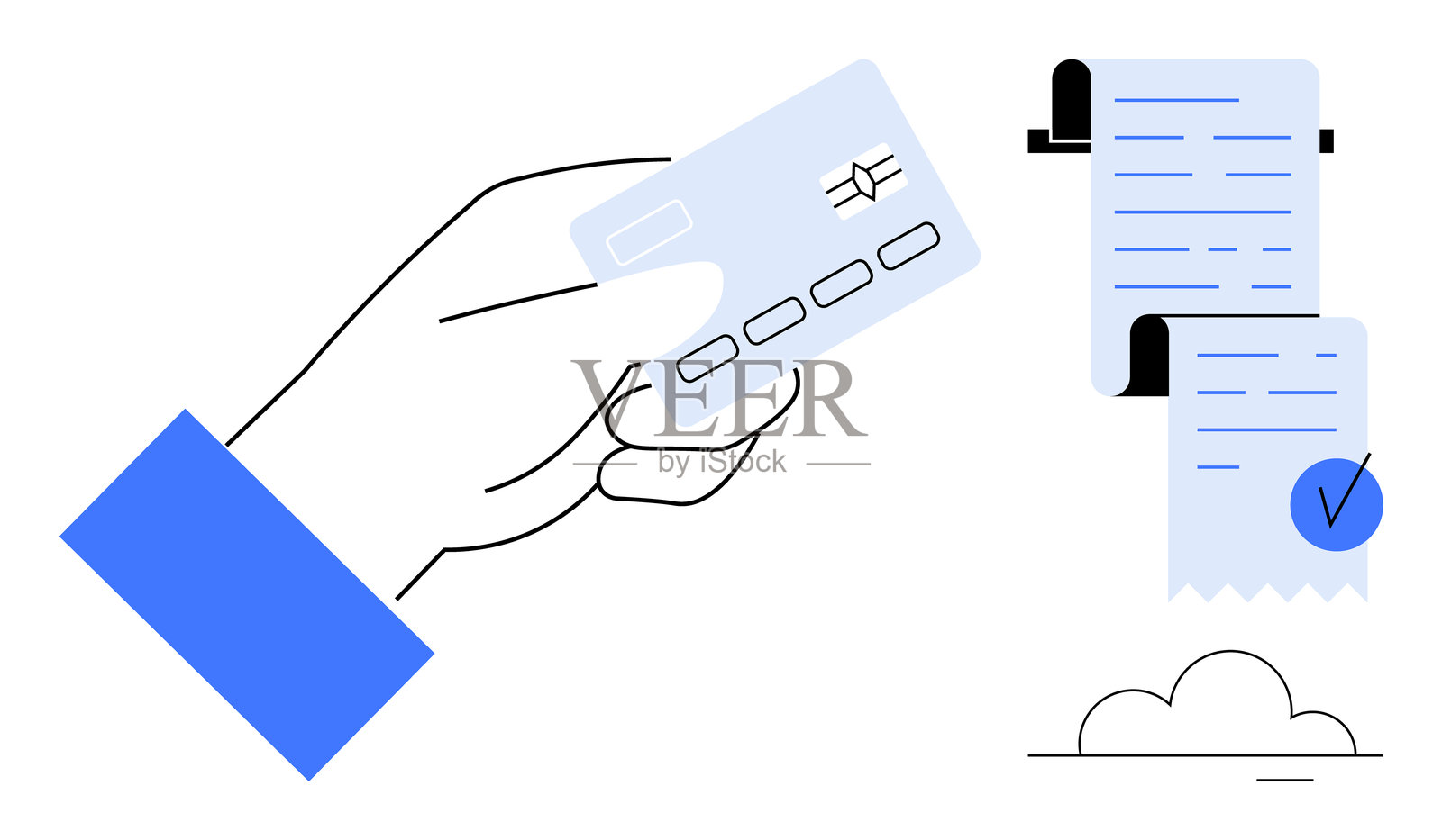 手握信用卡和带有勾选标记的付款收据插画图片素材