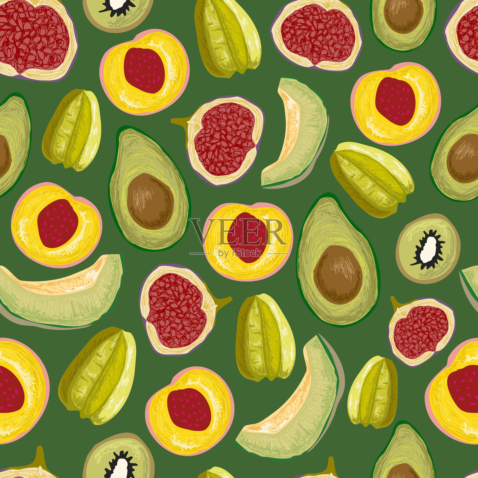 热带水果无缝图案，背景，手绘壁纸适用于横幅插画图片素材