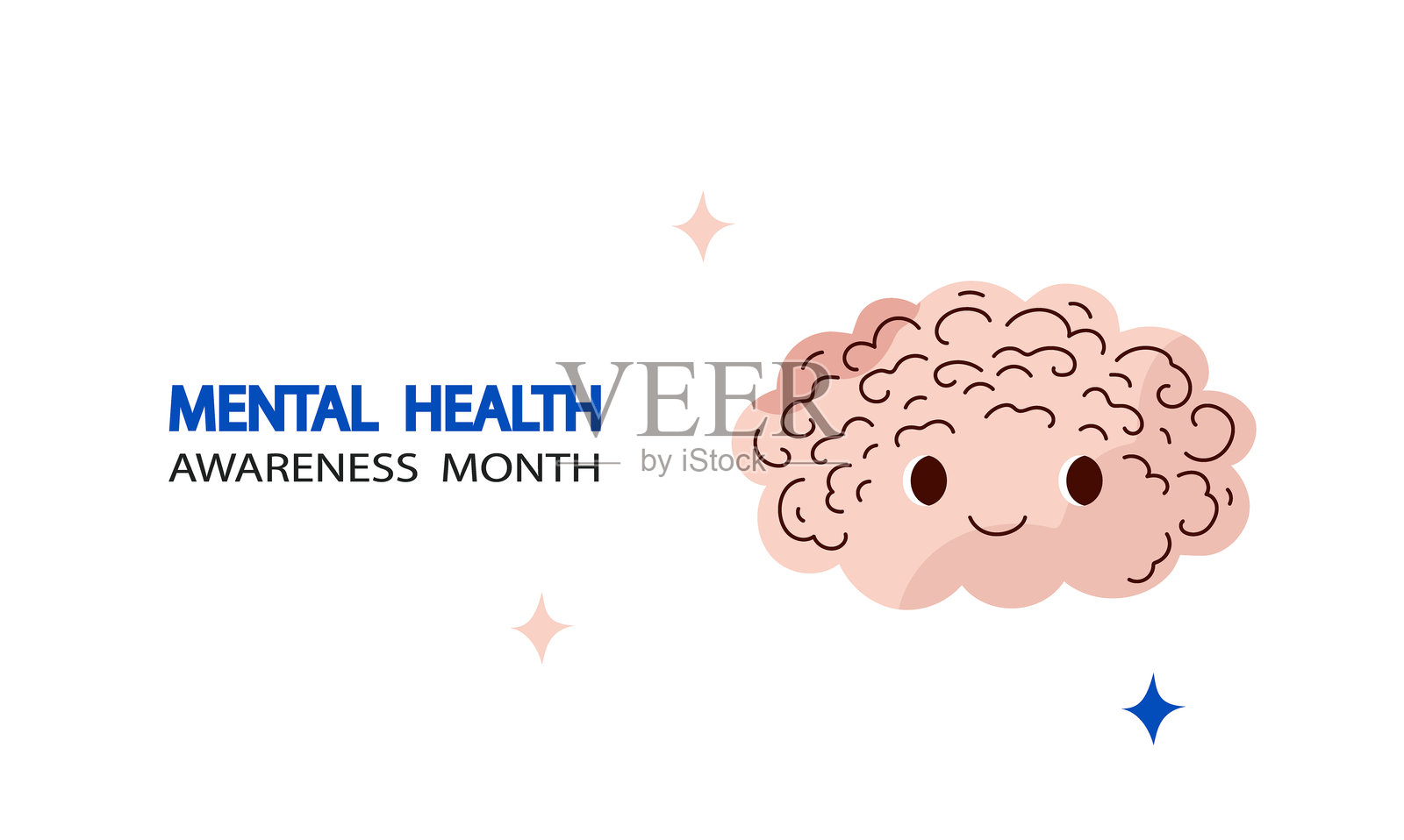 心理健康意识月横幅。可爱的卡通大脑角色。矢量手绘涂鸦平面插图插画图片素材