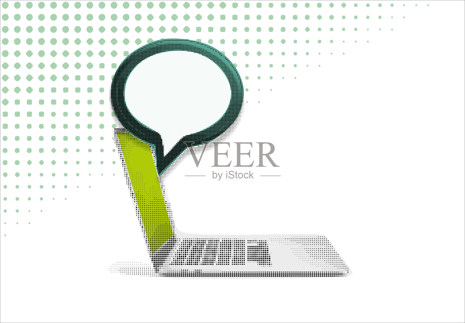 拼贴图形设计横幅，带有笔记本电脑模型和对话气泡。广告背景。在线交流概念，留有空白供文本使用。插画图片素材