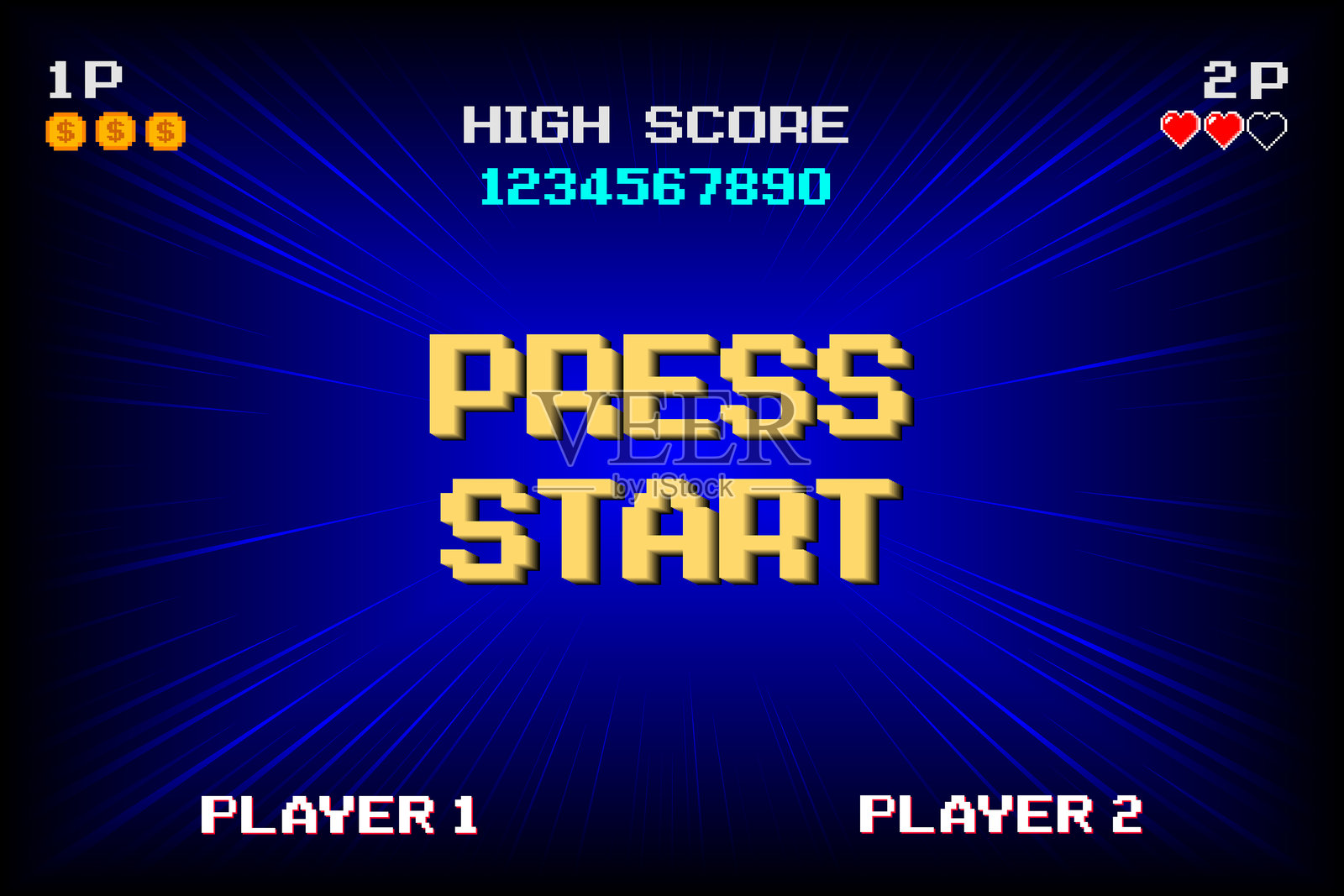 按下开始。插入硬币以继续。像素艺术 .8位游戏。复古游戏。用于游戏资产。复古未来主义科幻背景。发光的霓虹网格和来自复古街机电脑游戏的星星。插画图片素材