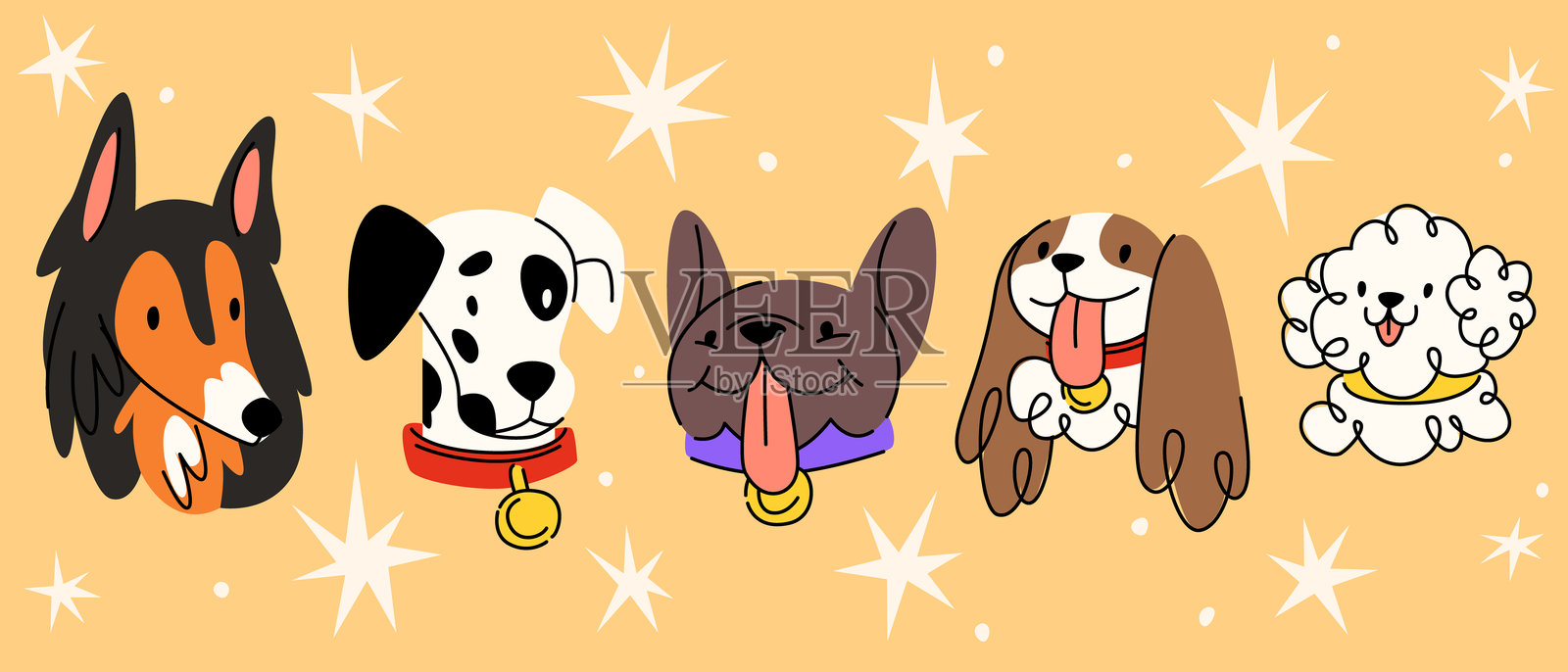 复古狗嘴套组合，孤立在黄色背景上插画图片素材