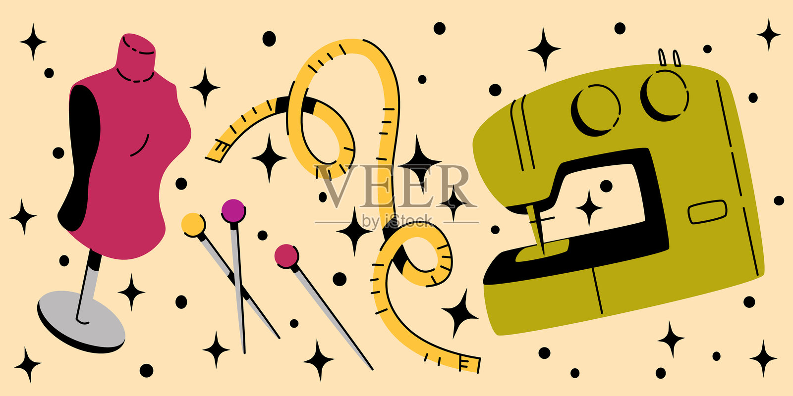 复古裁缝工具在黄色背景上插画图片素材