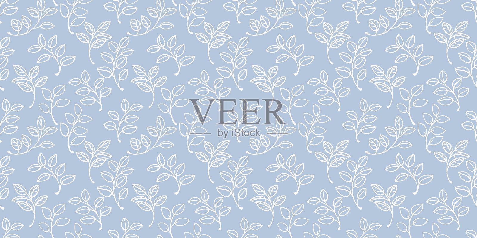 淡蓝色背景上白色轮廓的无缝矢量叶子枝条图案。柔和简约的设计，适合用于封面、印刷装饰、文具、纺织品和包装。插画图片素材