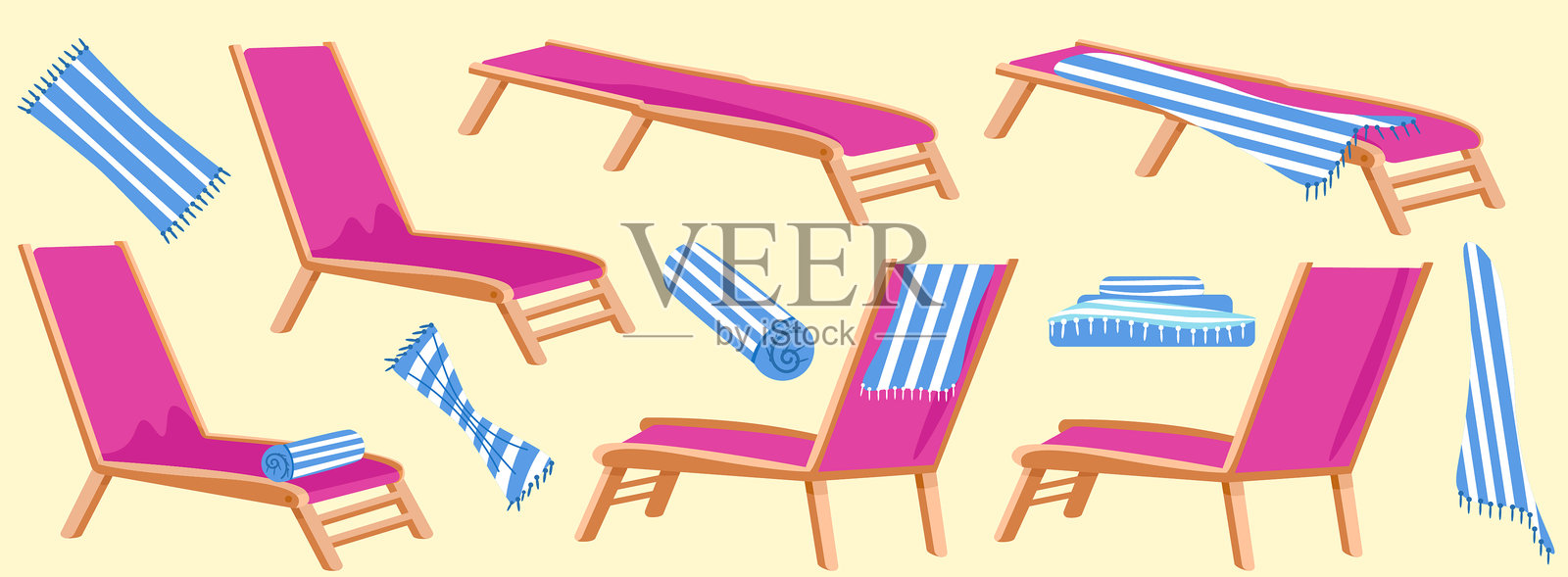 一组插图展示了粉色木质沙滩躺椅和不同位置的毛巾。插画图片素材