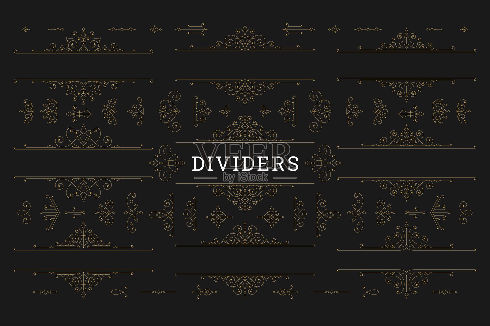 复古花纹金色装饰边框和分隔线套装矢量插图插画图片素材