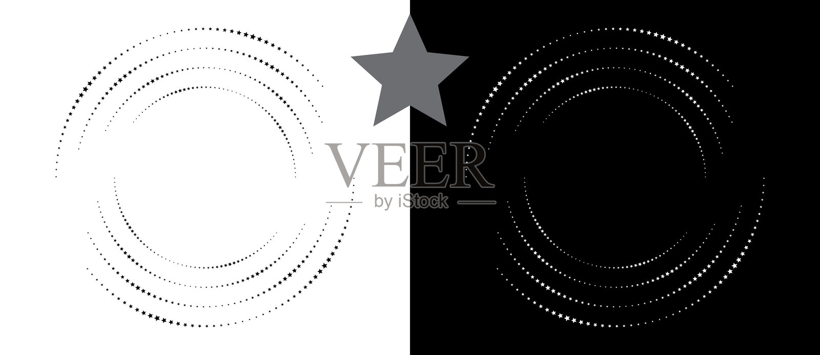 带星星的圆形抽象背景。艺术设计的螺旋形状作为标志或图标。黑色图形在白色背景上，白色图形在黑色背景上。插画图片素材