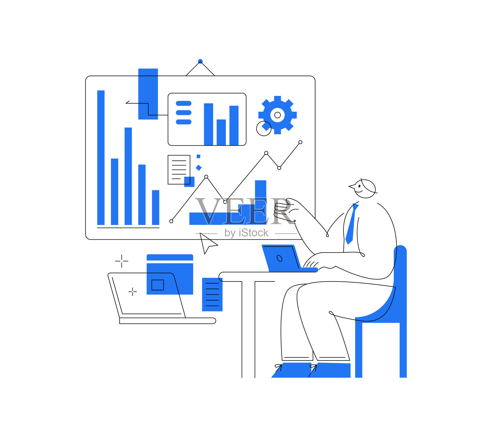 数据分析与商业战略抽象线条插图，简单扁平风格的同事插画图片素材