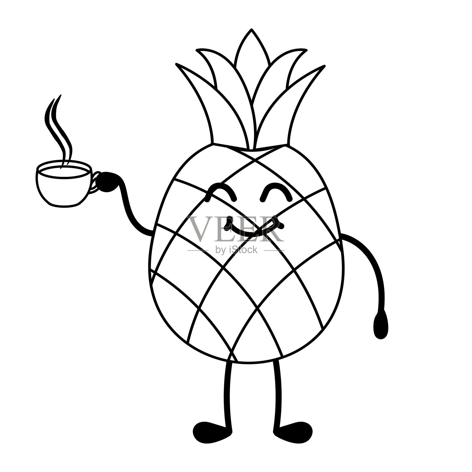 微笑的菠萝手拿一杯咖啡插画图片素材