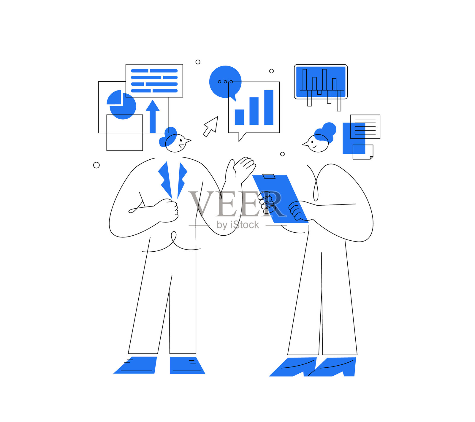 商务数据分析会议抽象线条插图，简单扁平风格的同事插画图片素材