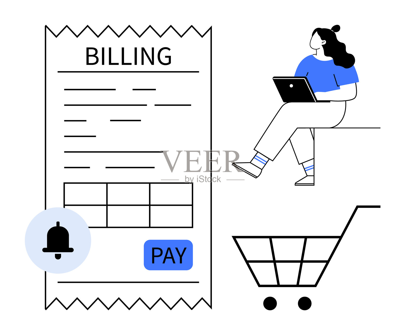 女性在笔记本电脑旁在线购物，旁边有账单收据和购物车插画图片素材