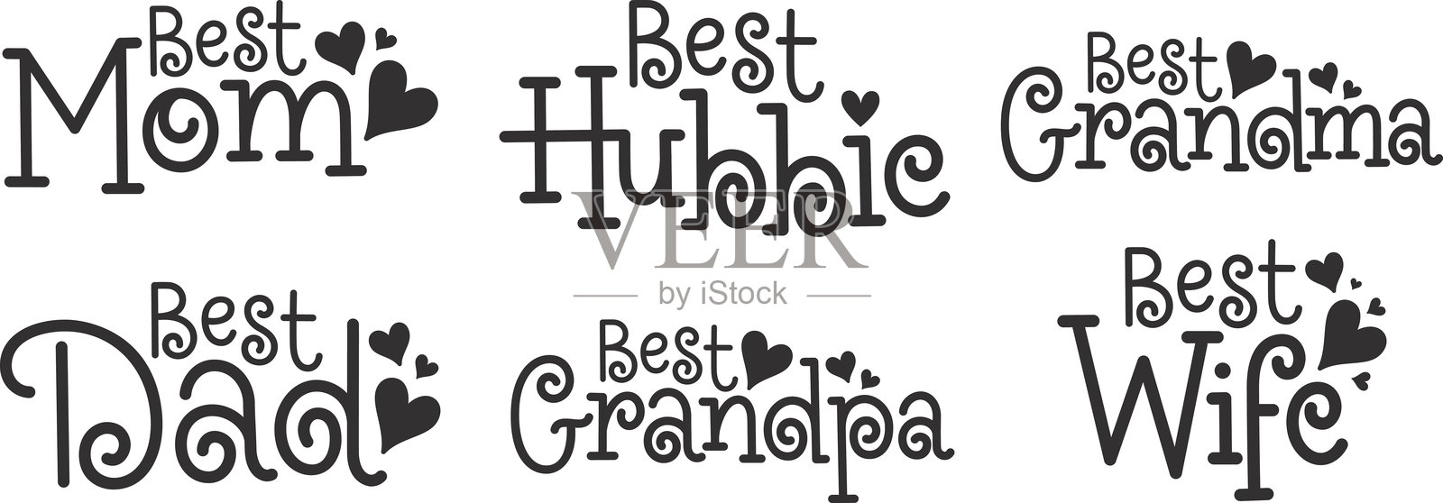 手写横幅套装 - 最好的妻子，最好的丈夫，最好的妈妈，最好的爸爸，最好的奶奶，最好的爷爷插画图片素材