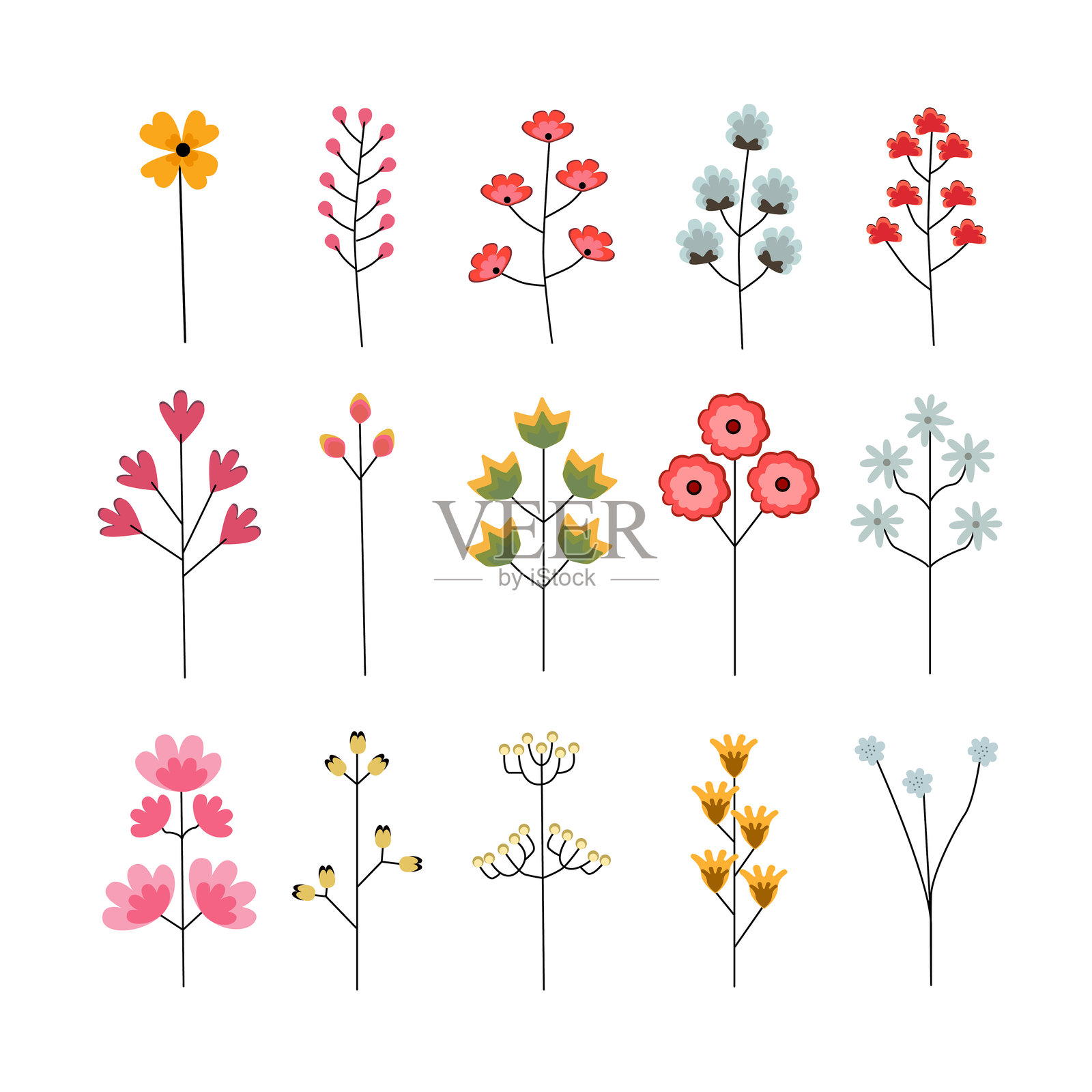 一组生动的花卉插图，色彩丰富，包含各种花朵设计，展示盛开的植物、自然灵感的图案和装饰性花纹。插画图片素材