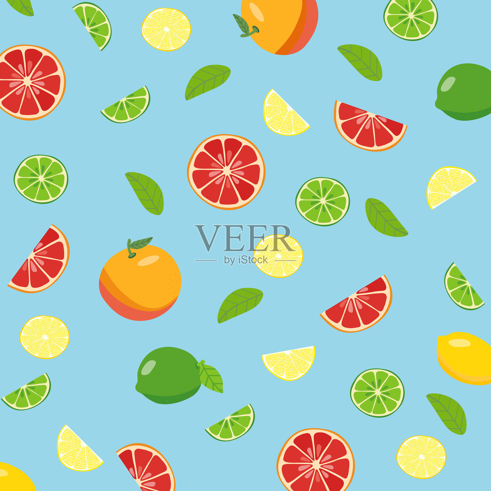 蓝色背景上的柑橘无缝花卉图案，包含柠檬、青柠、橙子和葡萄柚。插画图片素材