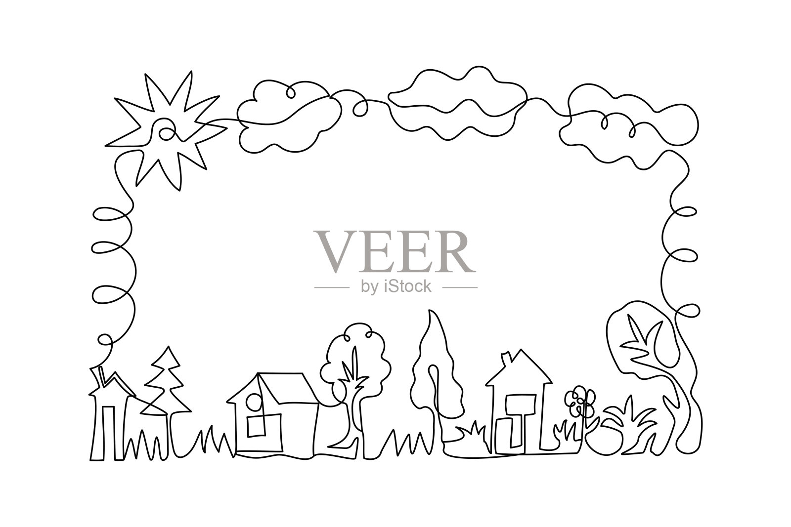 房屋，单线勾勒。框架，边界。树木，太阳，云朵。轮廓，单色插图，背景独立，留有文字空间。插画图片素材