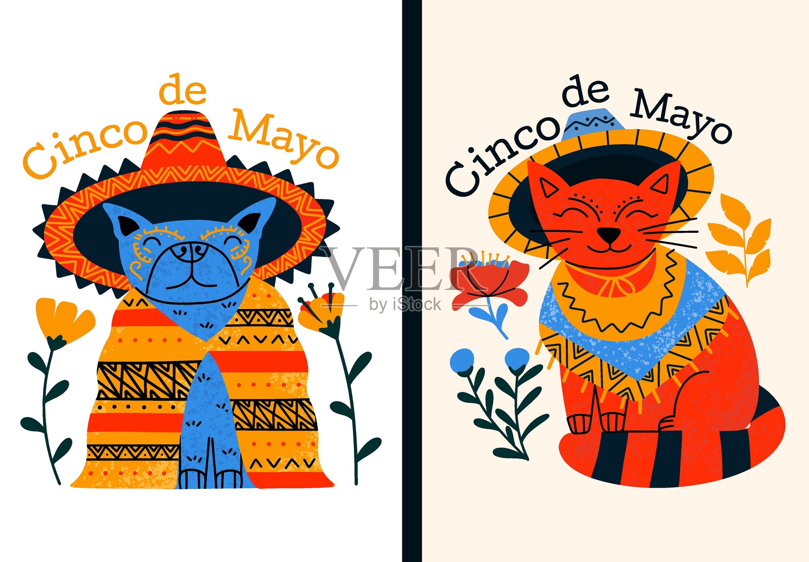 带有可爱猫狗的五一节海报，猫狗穿着波奇诺和索姆布雷罗。适用于墨西哥节日的贺卡。插画图片素材