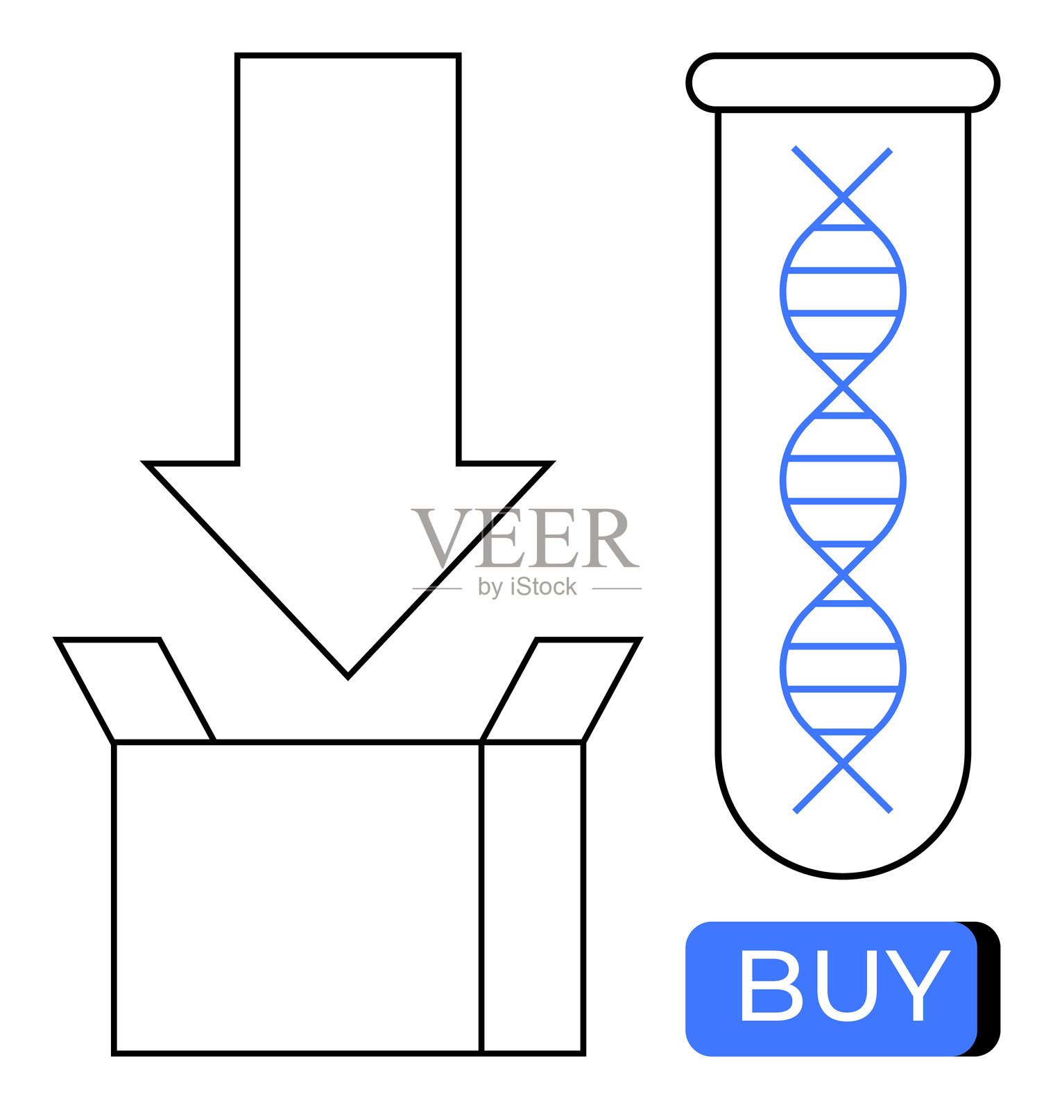 DNA检测套件购买概念，带箭头、打开的盒子和购买按钮插画图片素材