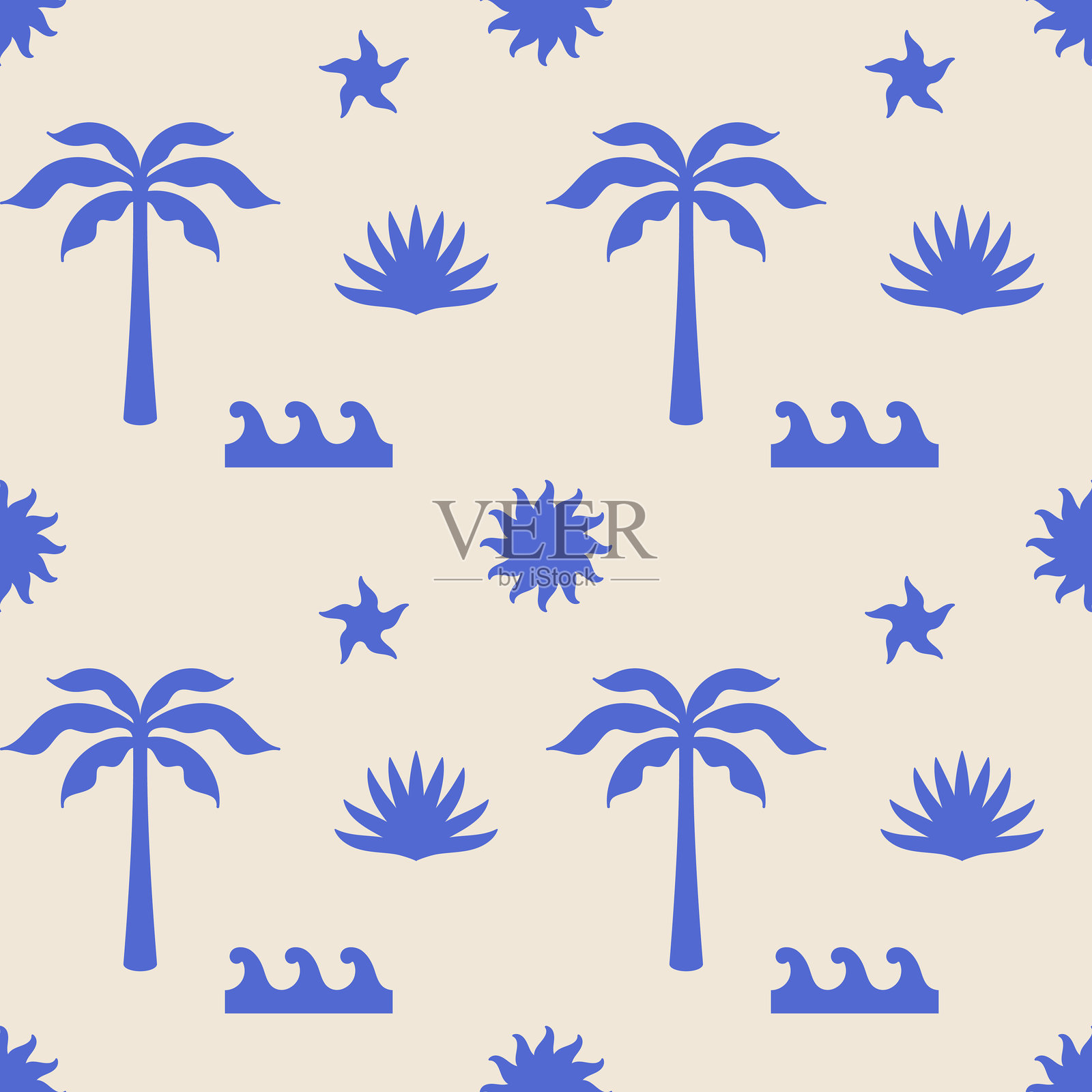 海滩无缝图案，带有棕榈树。无缝图案。背景设计。适用于面料、包装纸、纺织品和墙纸的重复印刷。插画图片素材