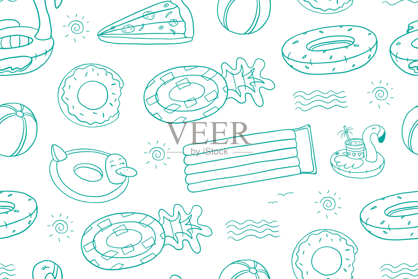 充气橡胶圆圈的无缝图案，包括气垫、充气球和儿童充气圈。充气圈的形状有火烈鸟、鸭子、西瓜、甜甜圈、比萨片和菠萝。插画图片素材