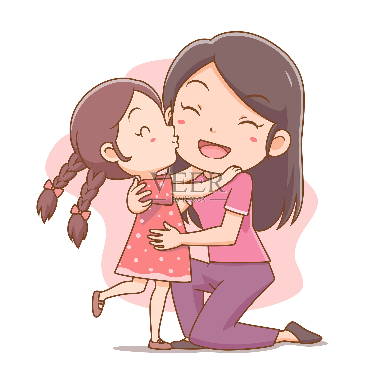 可爱的女孩亲吻母亲的脸颊的矢量插图。插画图片素材