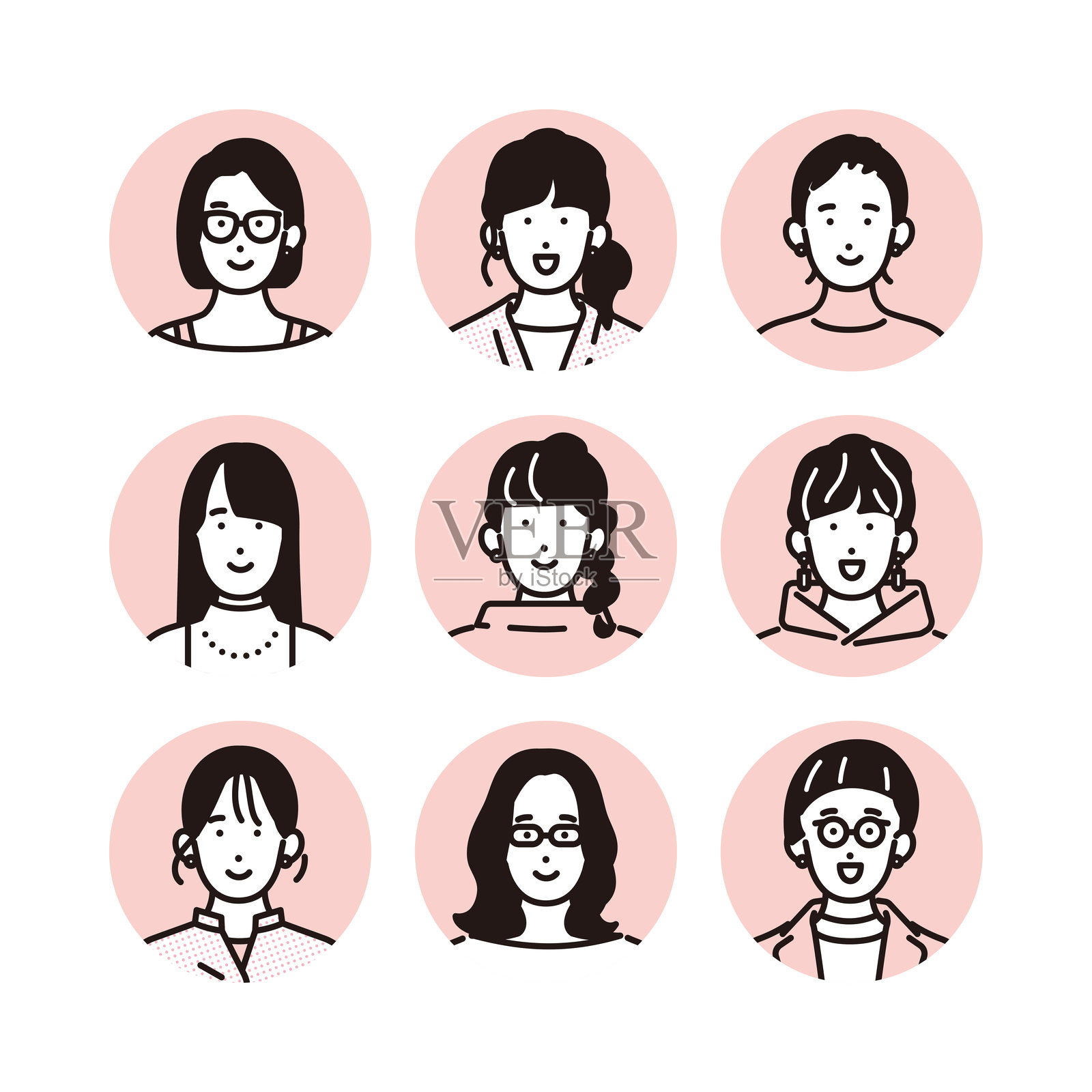 一组微笑的休闲装女性图标的矢量插图插画图片素材