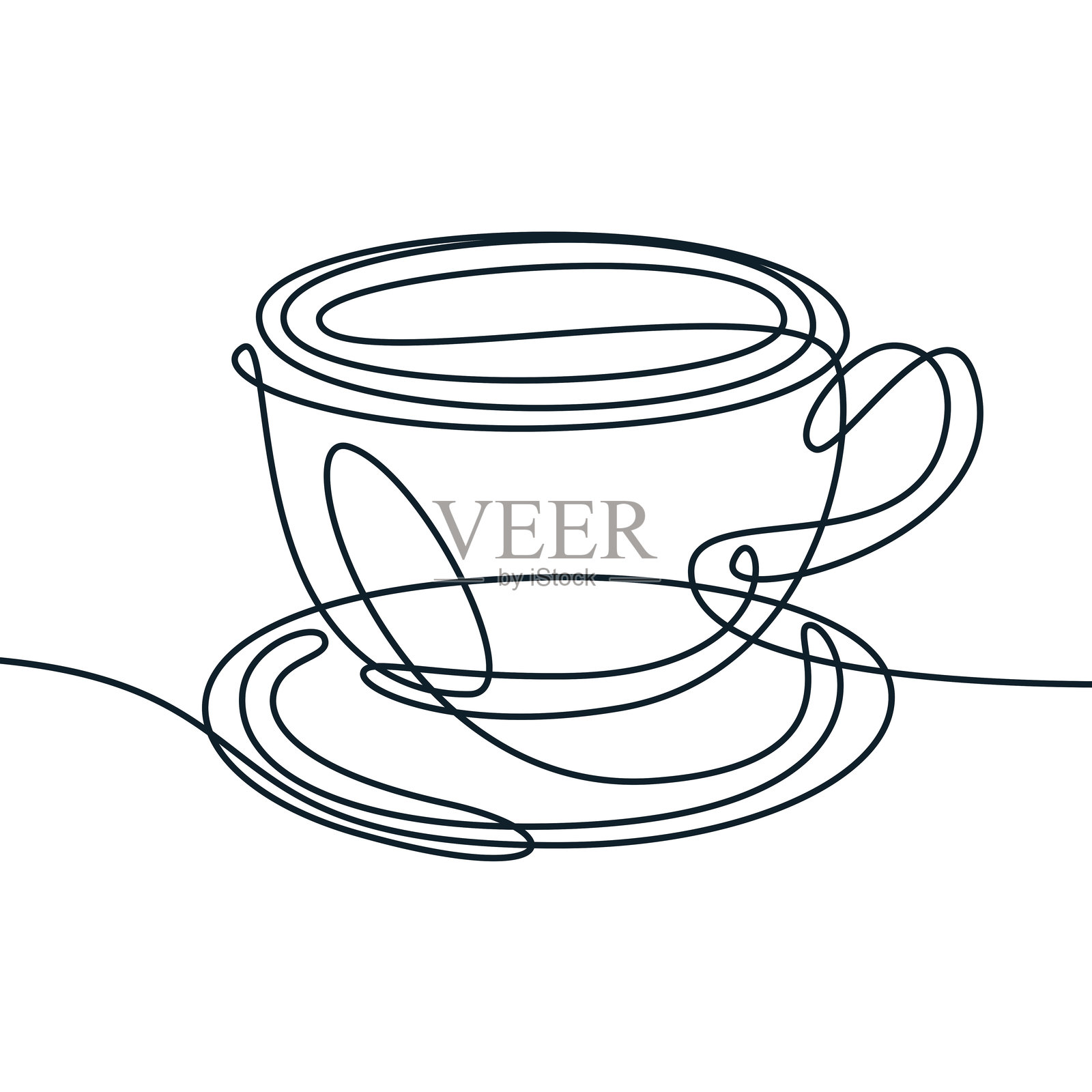 抽象单线咖啡杯图标，标志徽章。浓缩咖啡或卡布奇诺的矢量连续线插图插画图片素材
