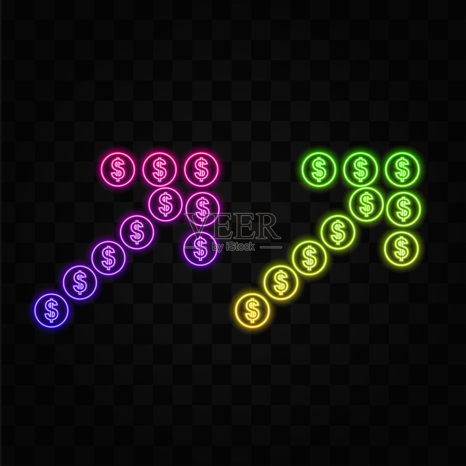 带右箭头的美元硬币。美元形状的箭头。霓虹风格。插画图片素材