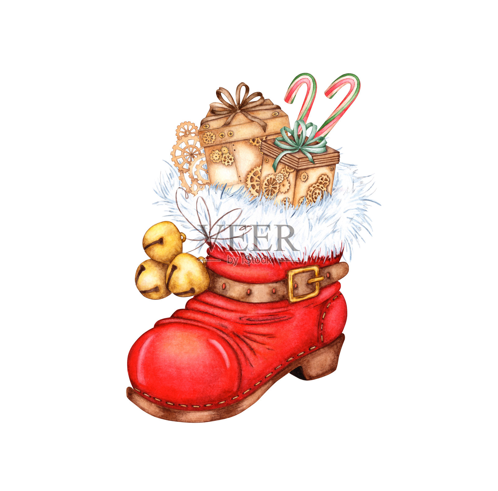 圣诞老人的靴子与礼物的水彩画插画图片素材