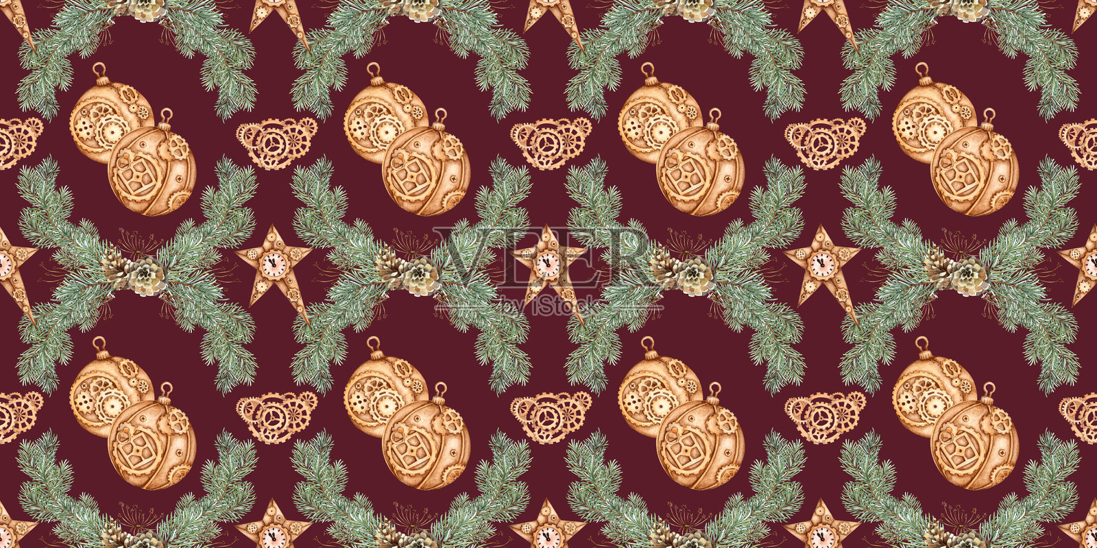 金色球星、松枝、齿轮交错图案，酒红色背景水彩画插画图片素材