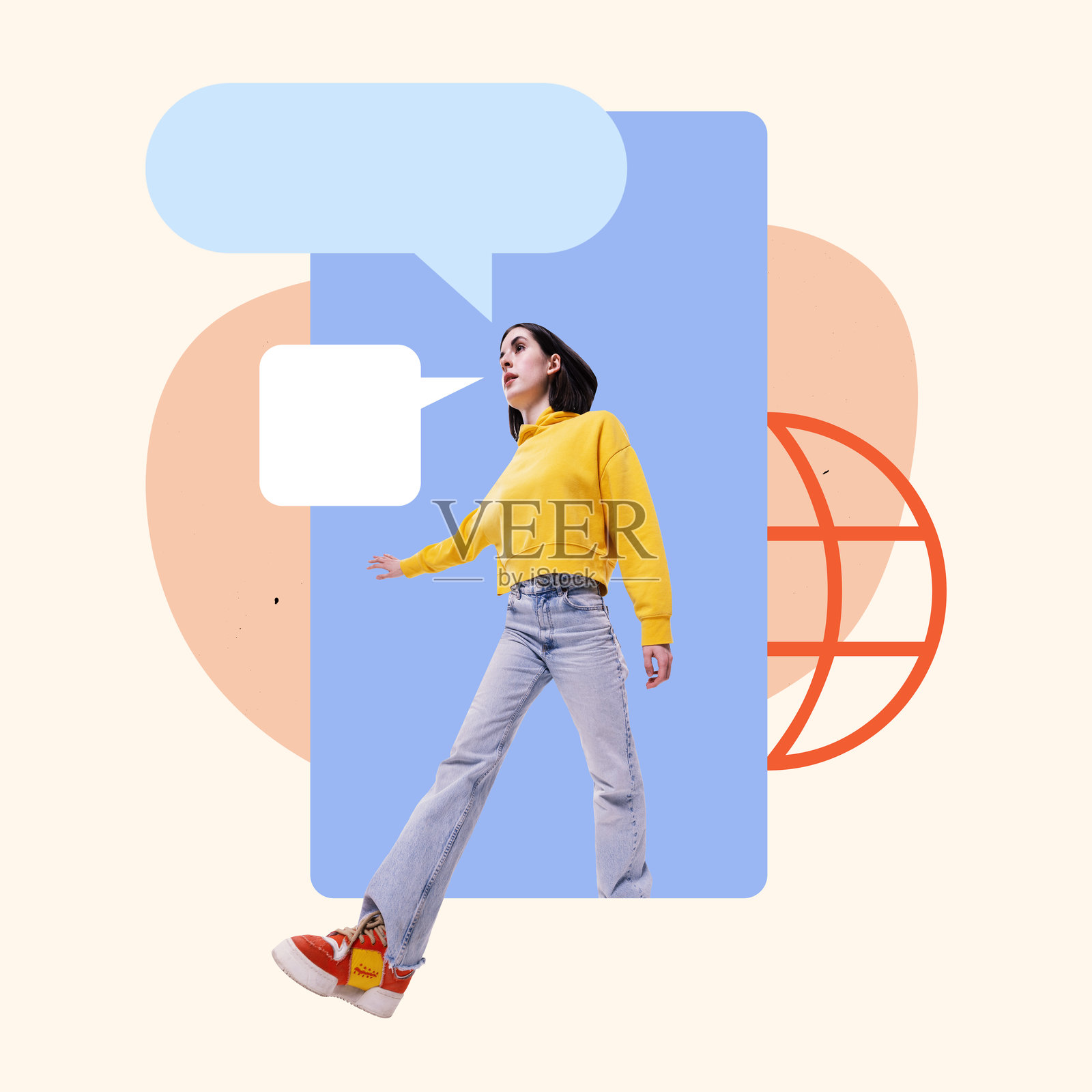 创意艺术拼贴。年轻女性走过数字对话气泡，背后是全球网络图标，象征着连接性。照片摄影图片