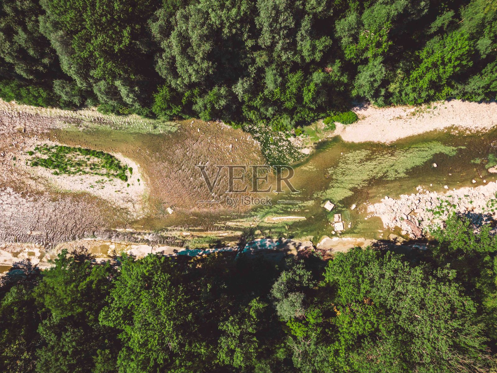蜿蜒河流的鸟瞰图，四周环绕着郁郁葱葱的绿植照片摄影图片