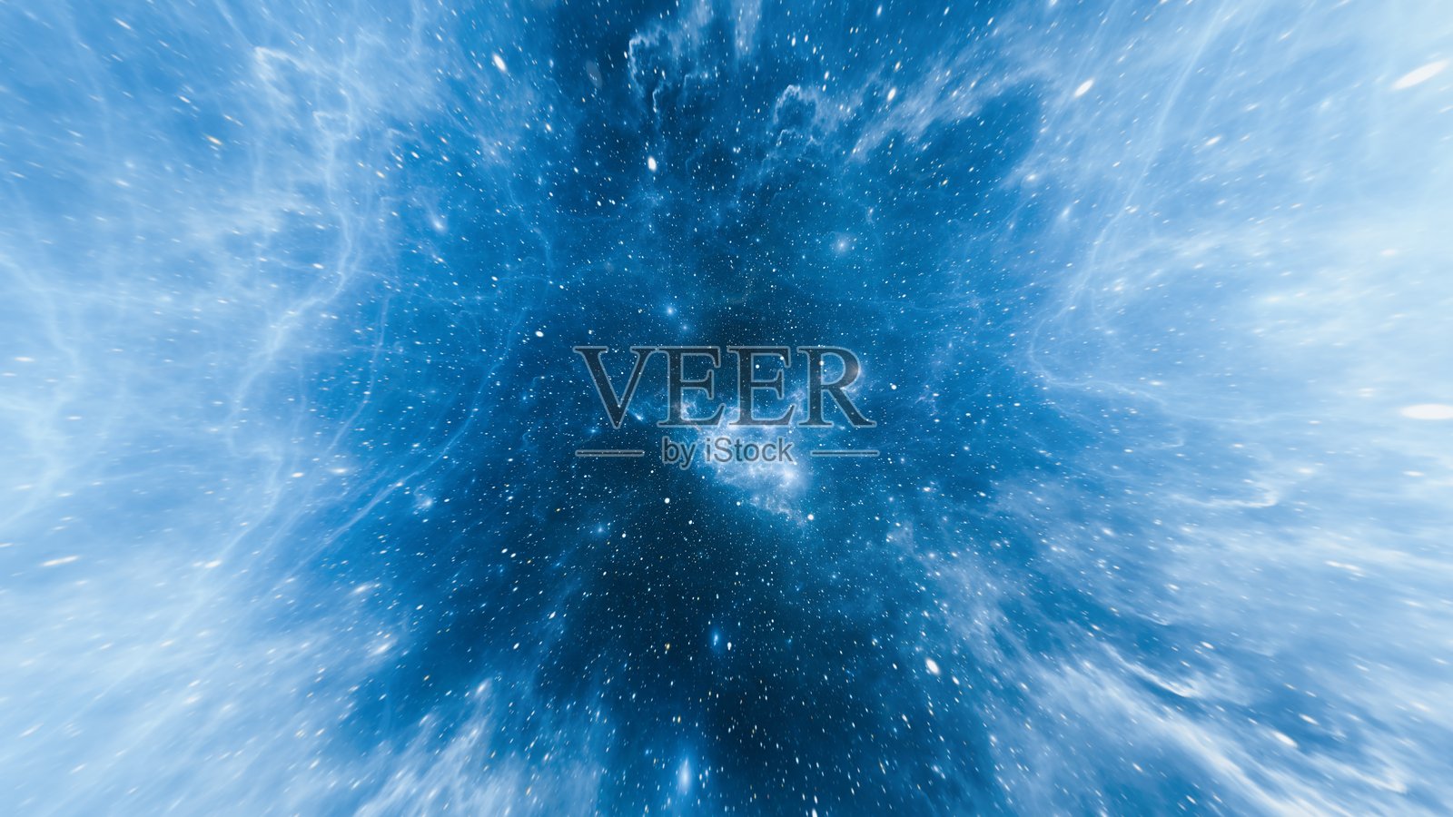 色彩斑斓的宇宙场景，明亮的星星和旋转的蓝色星云在广阔的宇宙中交织。光芒从天体散发，营造出迷人的太空氛围。3D渲染。照片摄影图片