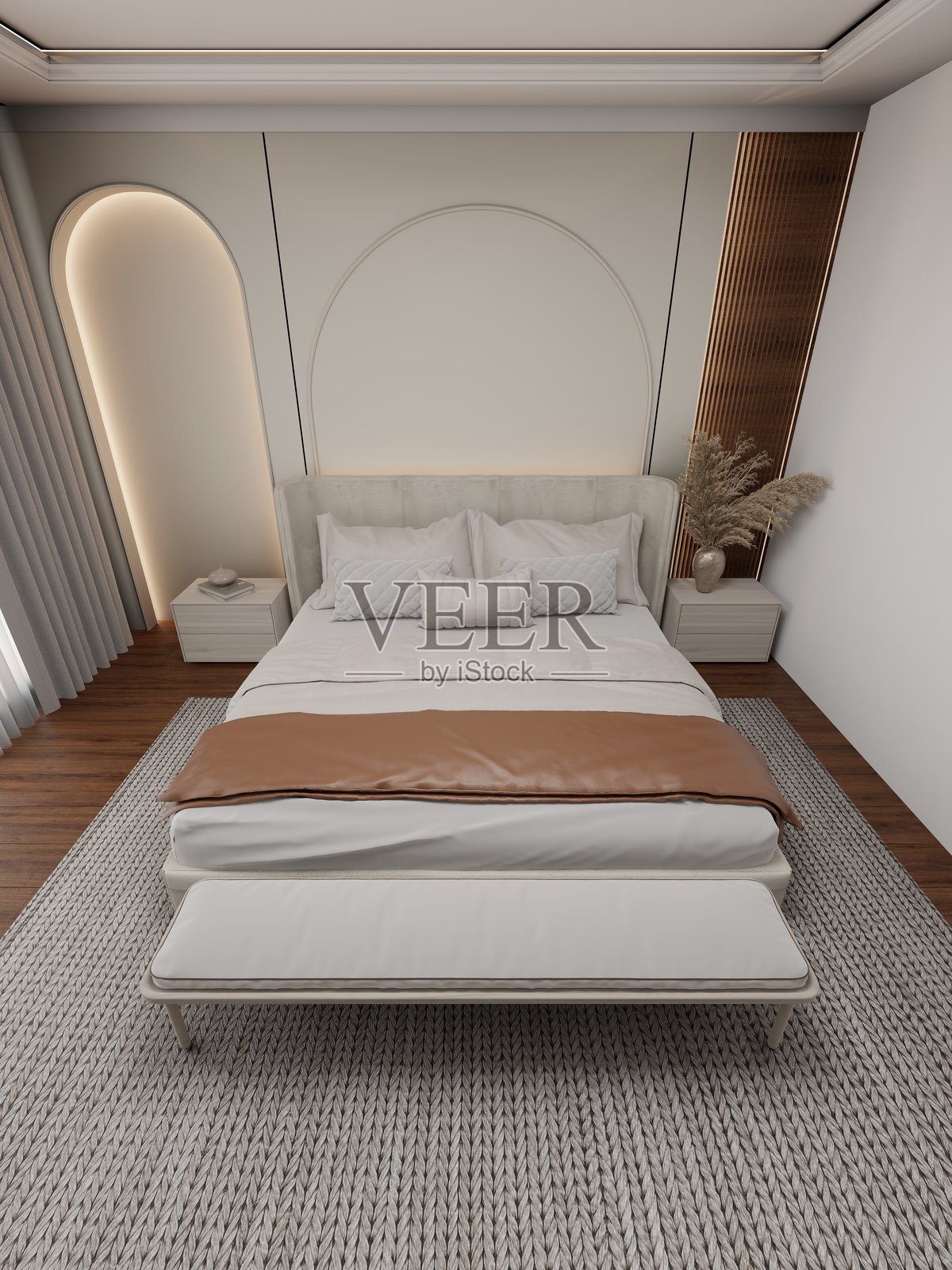 宽敞的卧室配有舒适的床和柔软的床单，床尾有一张时尚的长凳，装饰优雅。自然光透过轻薄的窗帘洒入，增强了温馨的氛围。3D渲染图照片摄影图片