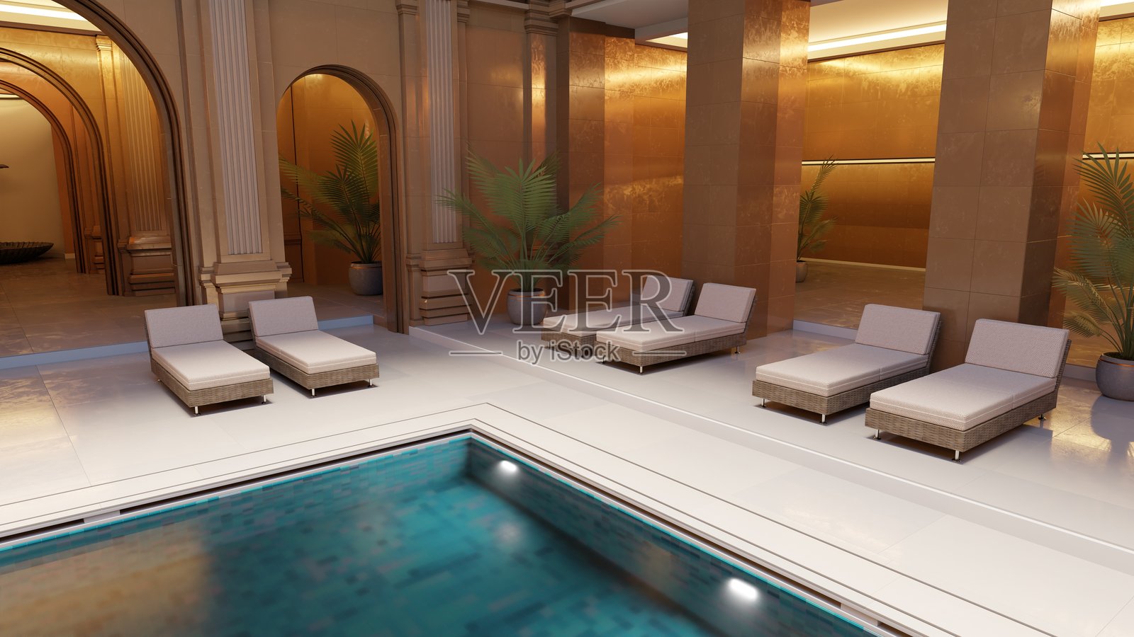 现代躺椅环绕着宁静的室内游泳池，配以时尚的装饰和柔和的灯光。郁郁葱葱的植物增添了宁静的氛围，营造出完美的放松场所。3D渲染照片摄影图片