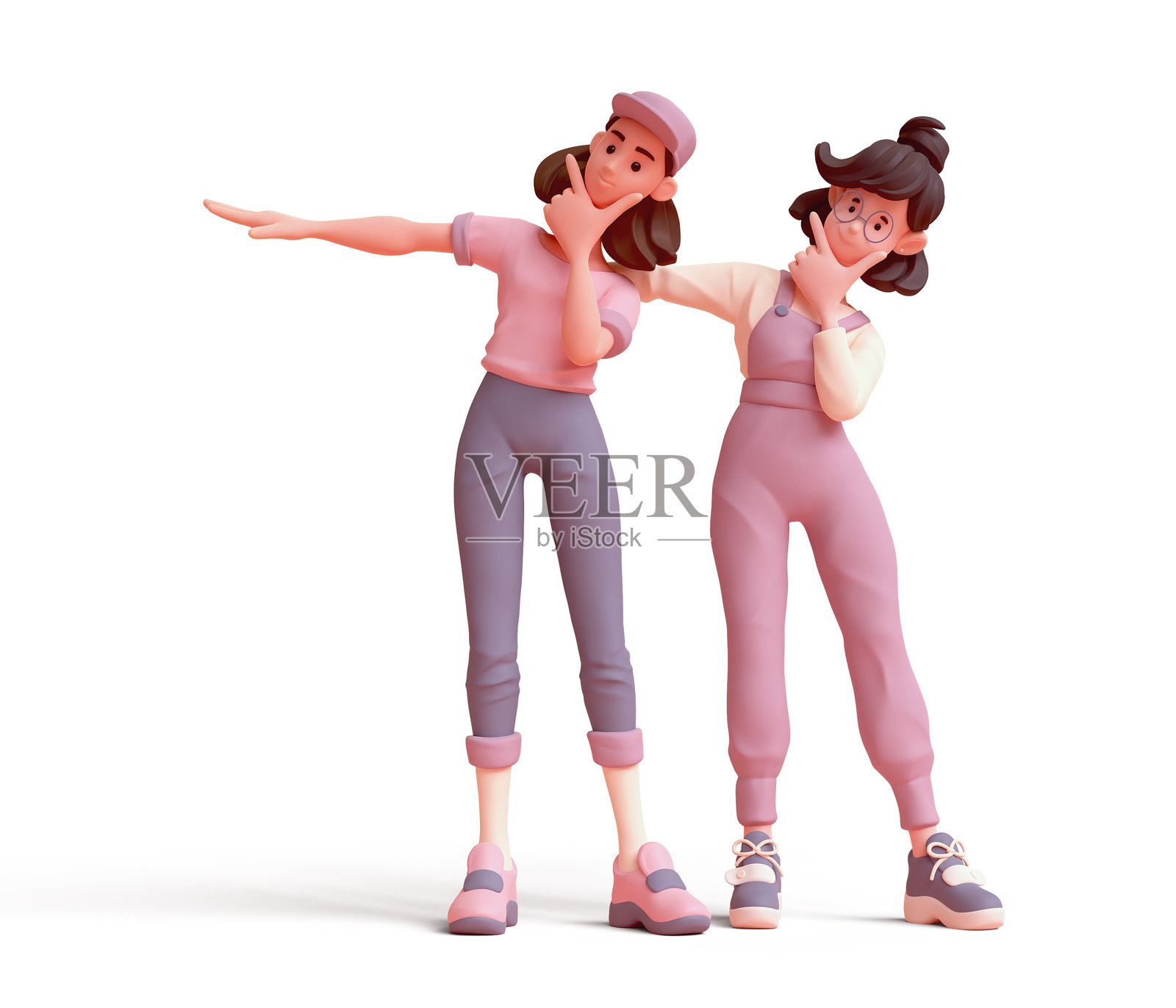 两个可爱的卡哇伊积极兴奋的亚洲活力K-pop女孩穿着时尚休闲服，手指着下巴，另一只手指向你，方向感十足，背景为白色。照片摄影图片