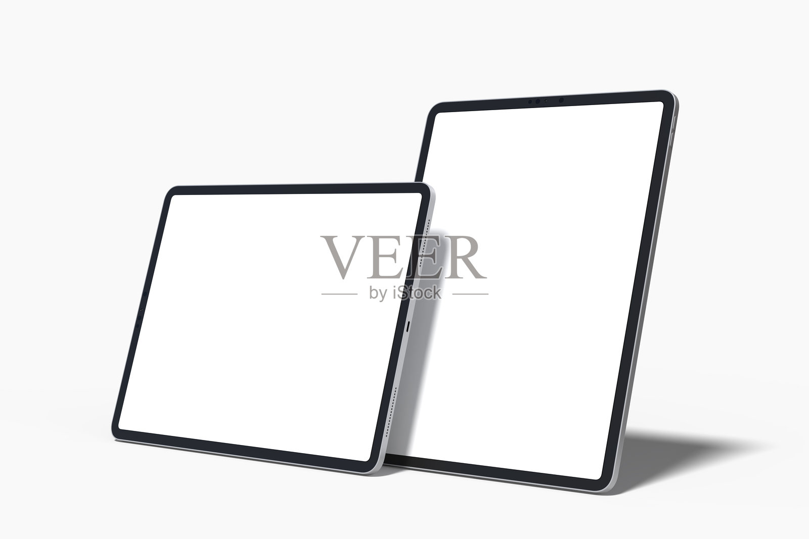 3D真实现代平板数字设备模型正面视图，带有空白屏幕和阴影，独立于背景。技术空白显示模板用于用户界面、用户体验、应用程序和网站展示。照片摄影图片