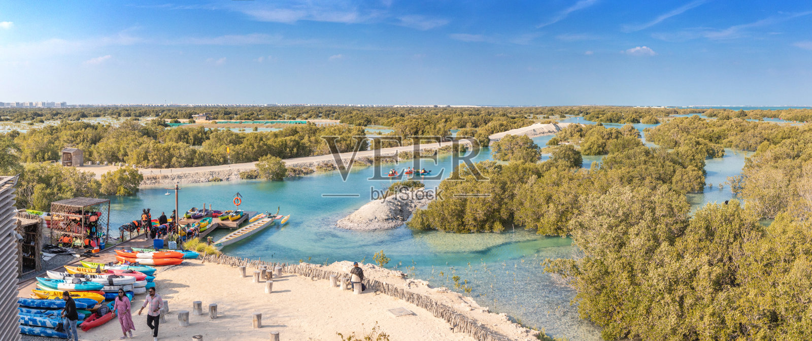 游客在朱拜尔红树林国家公园的碧绿水域划皮艇照片摄影图片