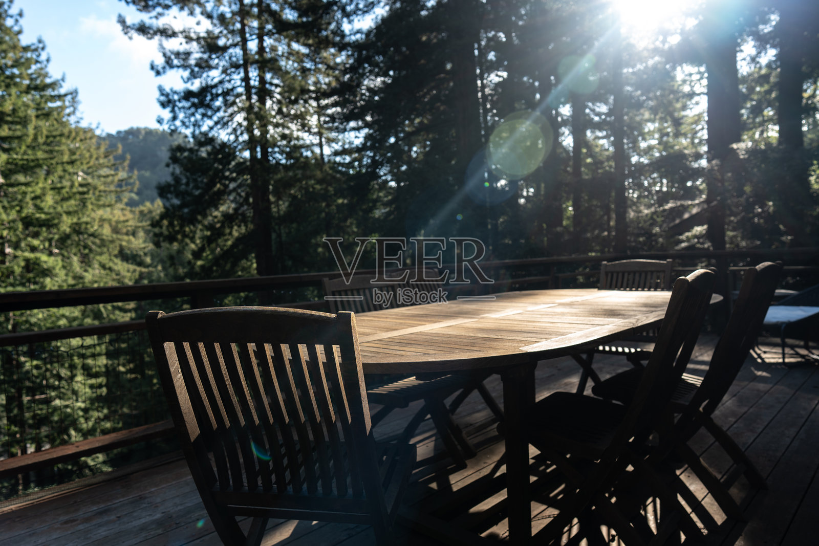 树木间高架甲板上的露台桌照片摄影图片