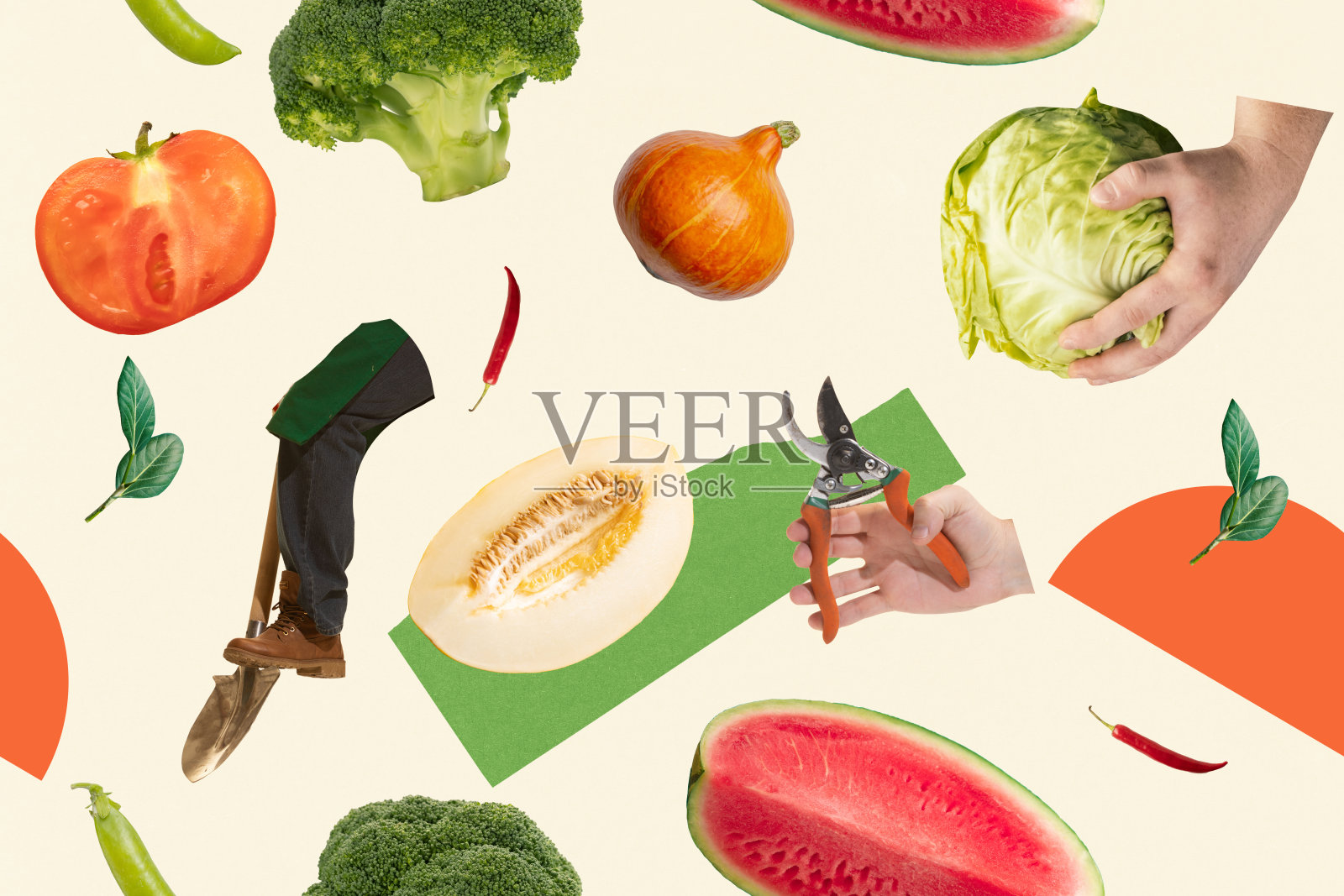 无缝图案，包含哈密瓜、剪刀、西兰花、卷心菜和园艺靴，背景为米色。纹理。蔬菜护理的概念。照片摄影图片