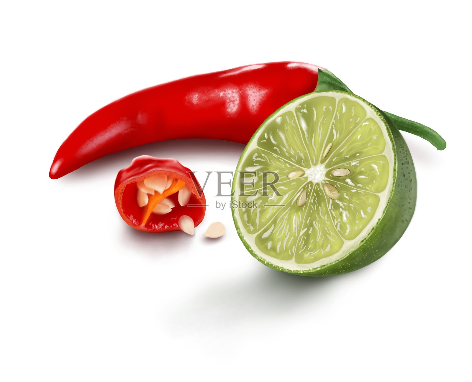 红椒的真实组合，切开的种子和半个青柠檬照片摄影图片