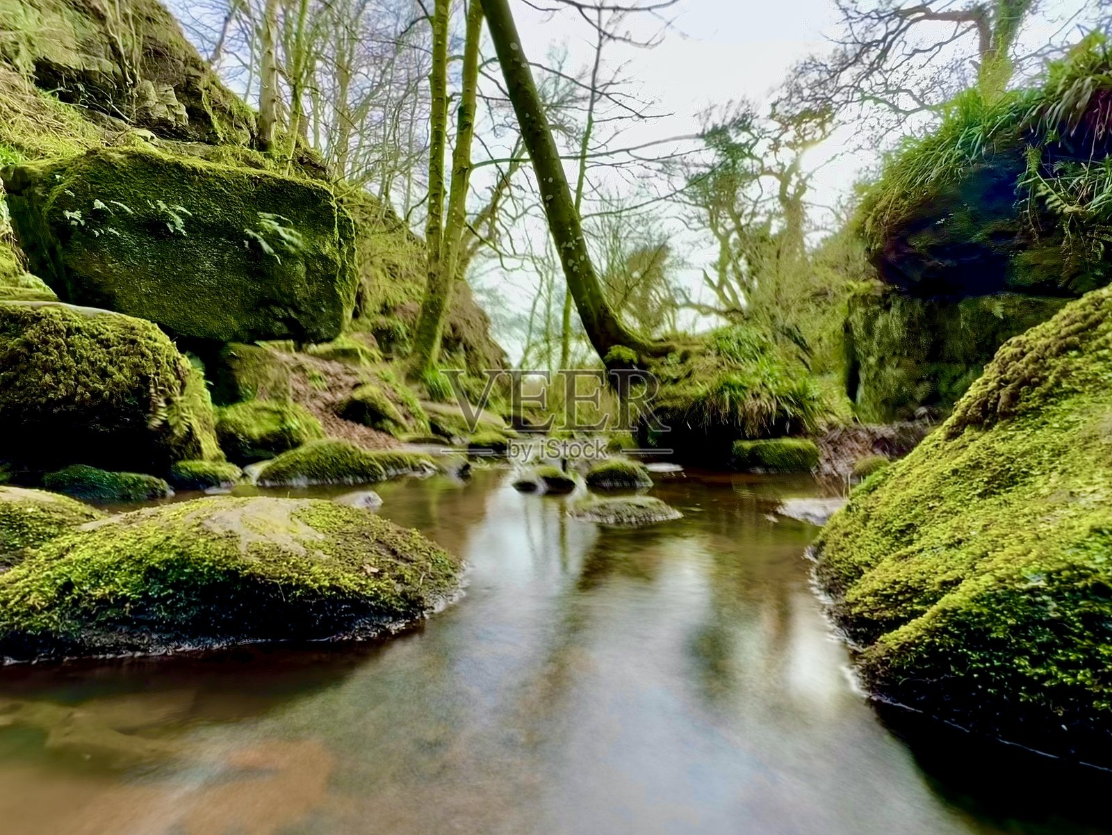 诺森伯兰郡溪边的长时间曝光下覆盖苔藓的大型岩石 formations照片摄影图片