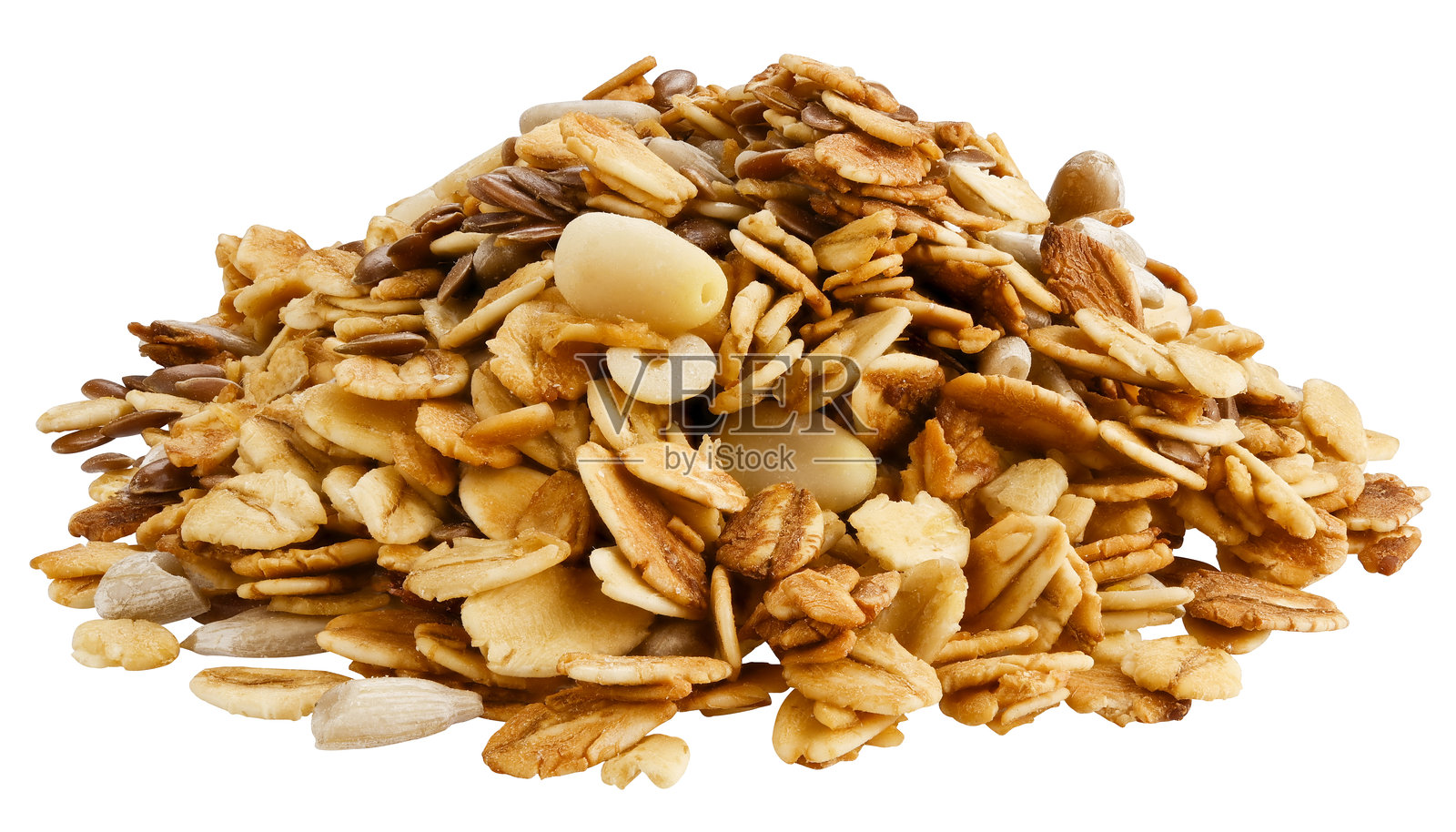 一堆燕麦片和格兰诺拉麦片，孤立在白色背景上。完全聚焦，深度清晰。照片摄影图片