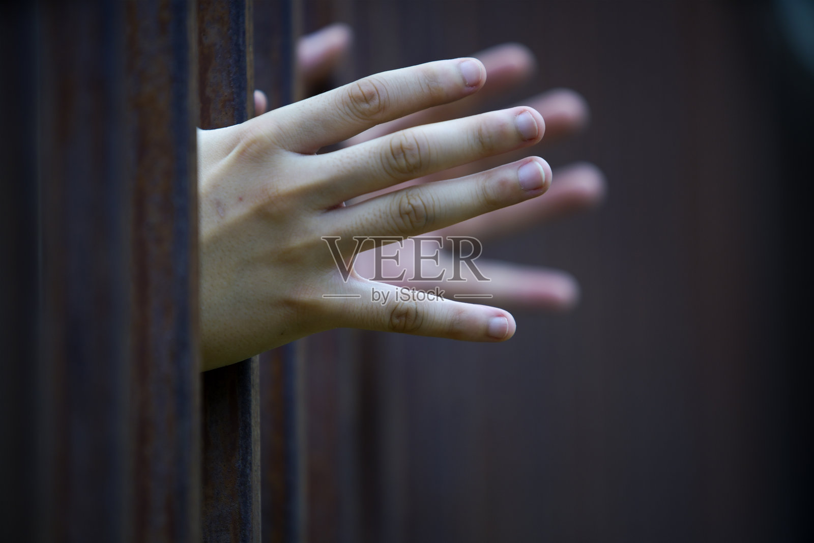 手伸过生锈的铁栏杆，象征着希望与自由照片摄影图片