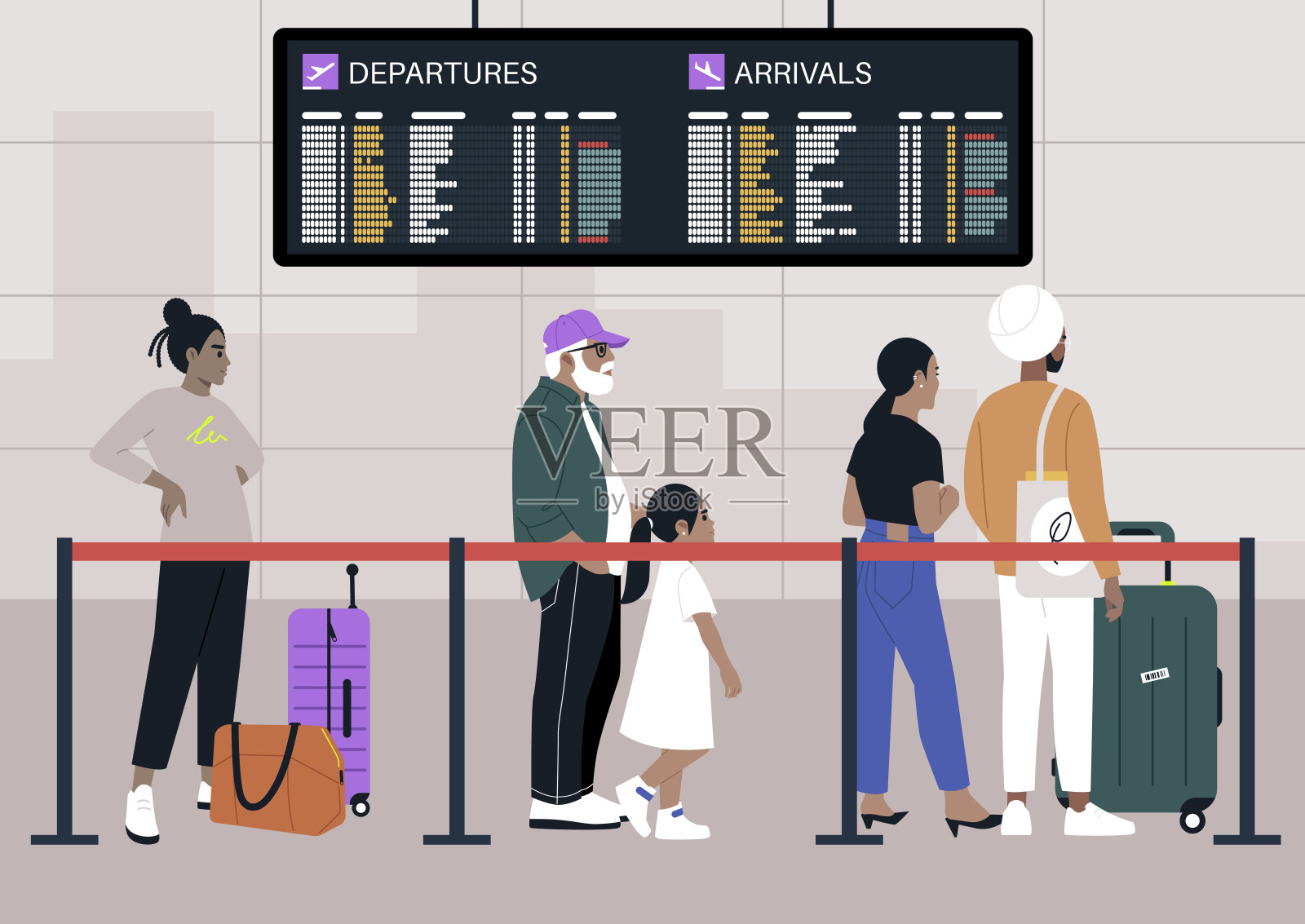 通勤者在机场出发信息板前聚集，边排队边查看航班信息，空气中弥漫着兴奋和期待的气息，旅程即将开始。插画图片素材